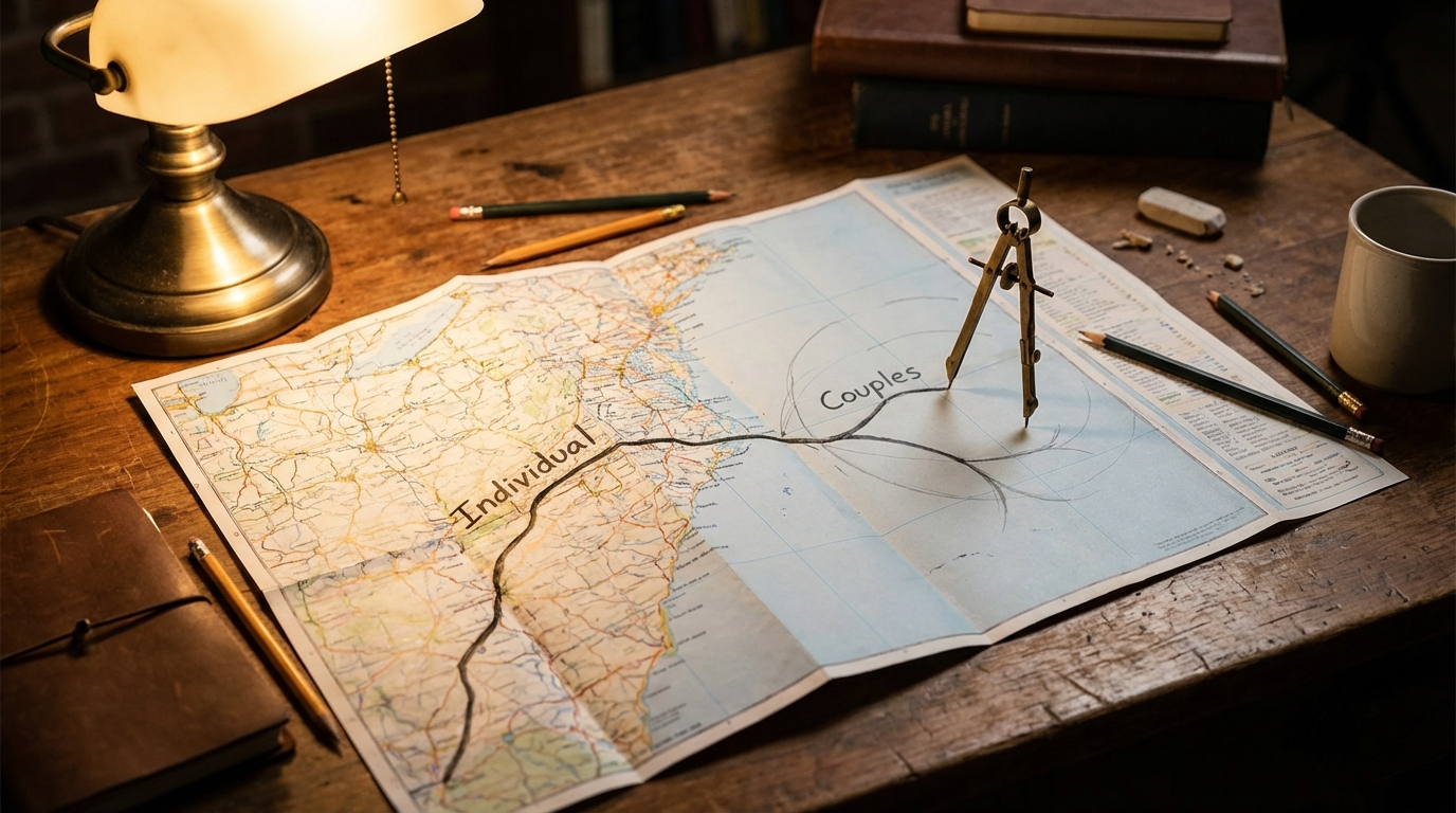 מפת דרכים המסמלת את התכנון האסטרטגי בהרחבת קליניקה לייעוץ זוגי