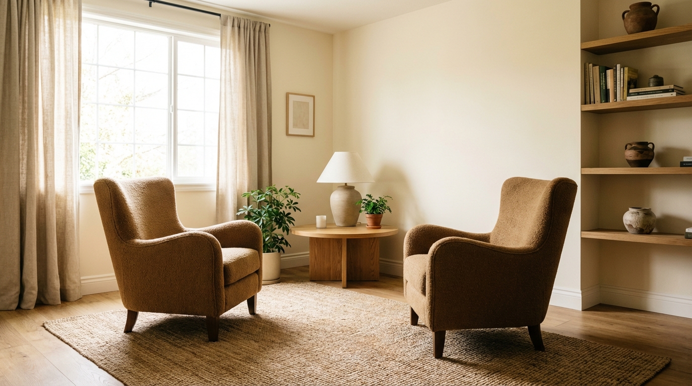 שתי כורסאות בקליניקה לייעוץ זוגי, המסמלות את המרחב הבטוח שנוצר בטיפול EFT