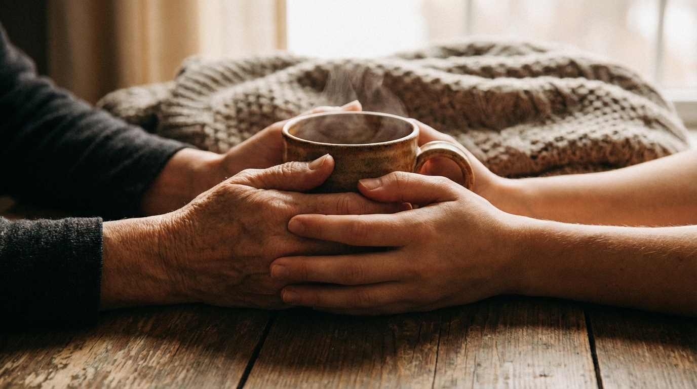 שתי ידיים אוחזות יחד ספל חם, מסמלות ביטחון וחיבור מחדש בזוגיות