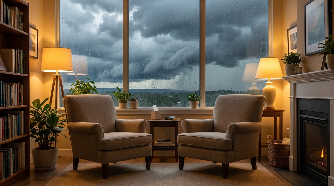 חדר ייעוץ זוגי המהווה מרחב בטוח לעיבוד רגשות קשים