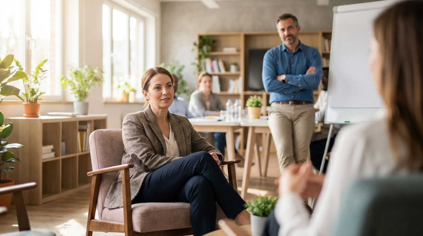 יועצת זוגית בתחילת דרכה יושבת בביטחון מול מטופל, כאשר ברקע מדריכה (סופרוויז'ורית) צופה ותומכת, כחלק מהכשרה מעשית.