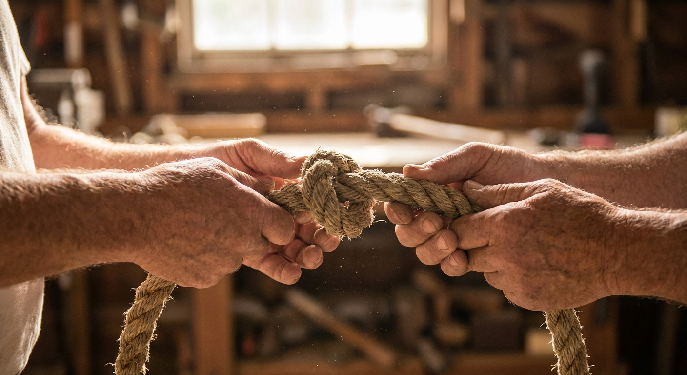 ידיים של גבר ואישה מתירות יחד קשר סבוך בחבל, כמטאפורה לפתיחת 'לופ' שלילי בזוגיות.