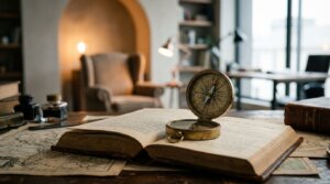 מצפן על ספר אקדמי המצביע לעבר כורסת יועץ בקליניקה, מסמל את הדרך מלימודי ייעוץ זוגי תיאורטיים לעבודה מעשית.