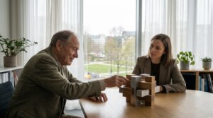 יועצת זוגית ותיקה מעניקה הדרכה (סופרוויז'ן) ליועצת צעירה יותר בקליניקה מוארת ושלווה.