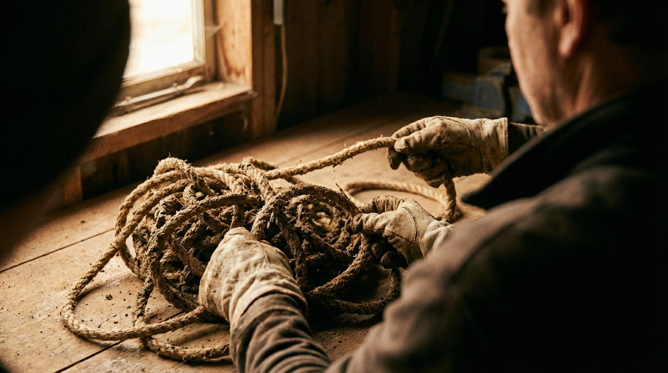 קלוז-אפ על ידיים הפורמות קשר סבוך בחבל, כמטאפורה לתהליך בייעוץ זוגי ממוקד רגש בו מפרקים דפוס שלילי.