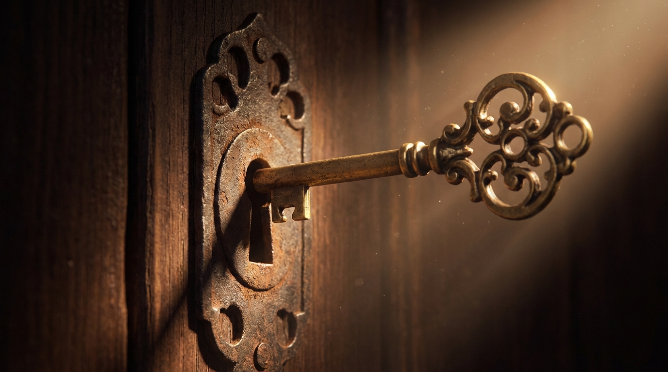 מפתח הנכנס למנעול כמטאפורה לקבלת מפת דרכים ברורה וכלים להצלחה בקליניקה לאחר הכשרה בייעוץ זוגי